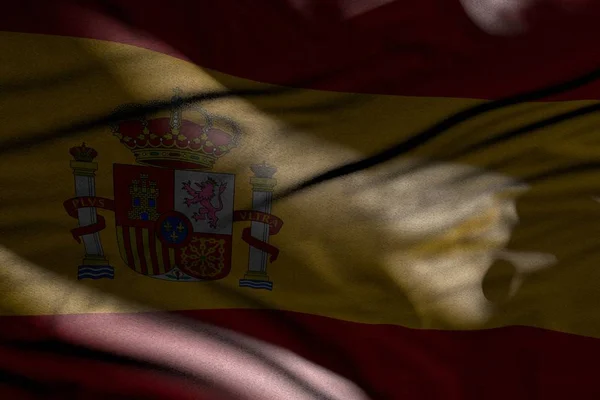 Bela imagem da bandeira escura Espanha com dobras colocar em sombras com manchas de luz sobre ele - qualquer ocasião bandeira ilustração 3d — Fotografia de Stock
