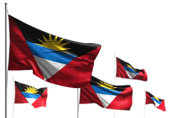 Beautiful five flags of Antigua and Barbuda are wave isolated on white - illustration with bokeh - any holiday flag 3d illustration — Stock Photo, Image