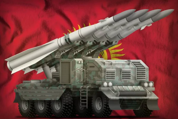 Taktické balistické střely krátkého doletu s arktickou kamufláží na pozadí kyrgyzské národní vlajky. 3D ilustrace — Stock fotografie
