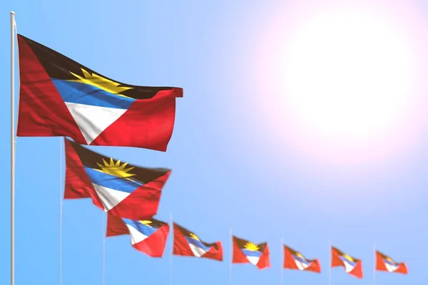 Mignon de nombreux drapeaux Antigua-et-Barbuda placés en diagonale avec bokeh et place libre pour votre contenu - toute illustration 3d drapeau de fête — Photo