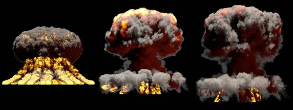 3D illustration of explosion - 3 big different phases fire mushroom cloud explosion of super bomb with smoke and flame isolated on black background