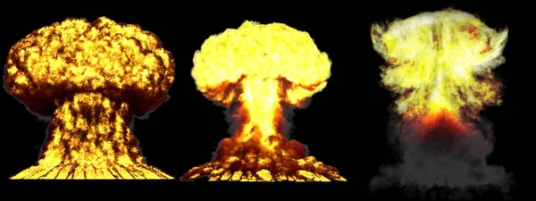 3D ілюстрація вибуху 3 великі дуже деталізовані різні фази грибної хмари вибух термоядерної бомби з димом і вогнем ізольовані на чорному — стокове фото
