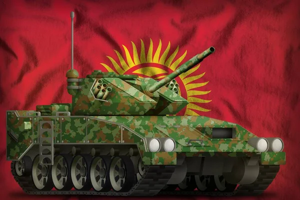 Tanque leve apc com camuflagem de verão no fundo da bandeira nacional do Quirguistão. Ilustração 3d — Fotografia de Stock
