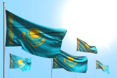 Kazakistan 'ın sevimli 5 bayrağı mavi gökyüzü görüntüsüne karşı yumuşak odaklı dalgalanıyor - herhangi bir bayrak 3D illüstrasyon