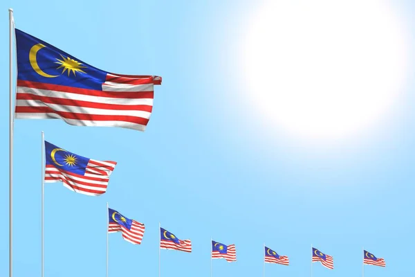 Nice many Malaysia flags placed diagonal on blue sky with space for text - any feast flag 3d illustration — Stock Photo, Image