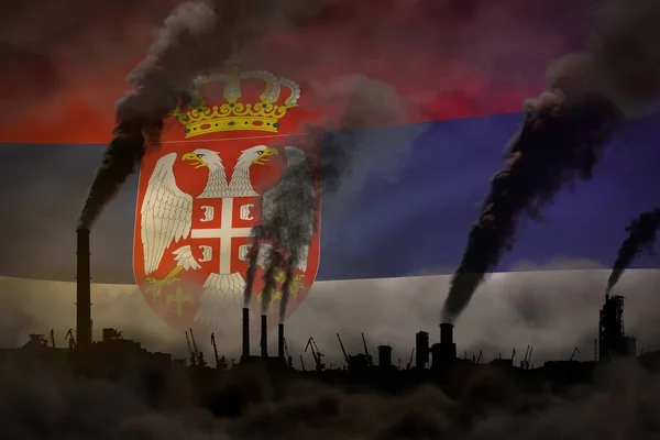 Pesante fumo di camini di fabbrica sulla bandiera serba - concetto di riscaldamento globale, sfondo con spazio per il testo - illustrazione 3D industriale — Foto Stock