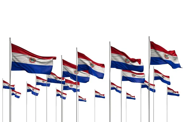 Bonito muitas bandeiras do Paraguai em uma fileira isolada no branco com espaço livre para o conteúdo - qualquer bandeira celebração ilustração 3d — Fotografia de Stock