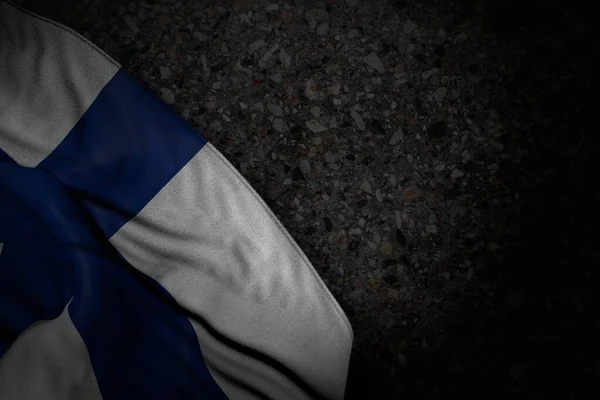 Ładny ciemny ilustracja Finlandia flaga z dużymi fałdami na ciemnym asfalcie z pustym miejscem na zawartość - każdej okazji flaga 3d ilustracja — Zdjęcie stockowe