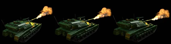 Военная 3D иллюстрация изолированного зеленого камуфляжа тяжелого танка с вымышленным дизайном в бою, детальная концепция патриотизма на черном — стоковое фото