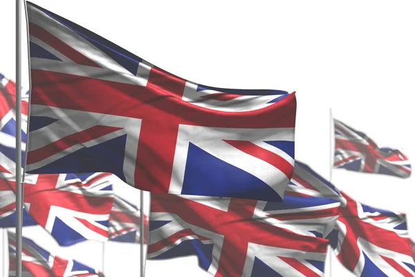 Nice many United Kingdom (UK) flags are waving isolated on white - photo with soft focus - any feast flag 3d illustration — Stock Photo, Image