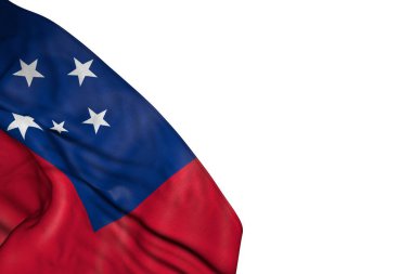 Büyük kıvrımlı harika Samoa bayrağı sol altta beyaz üzerine izole bir şekilde yatıyordu.