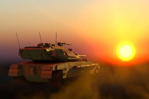 Réservoir lourd de sable camo avec un design qui n'existe pas sur le coucher du soleil, concept de réservoirs modernes détaillés Illustration 3D militaire — Photo