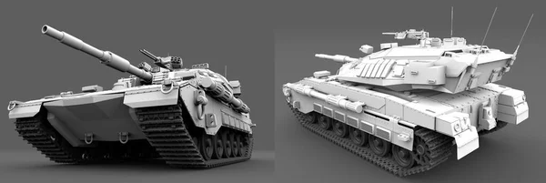 Vysoce detailní bílá moderní tank s ne skutečný design izolované na šedém pozadí, volání služby koncept - vojenské 3D ilustrace — Stock fotografie