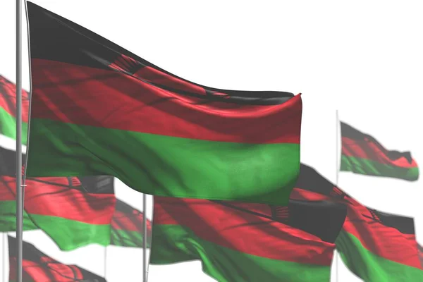 Schön viele malawische Flaggen sind isoliert auf weiß geschwenkt - Illustration mit selektivem Fokus - jede Festflagge 3d Illustration — Stockfoto