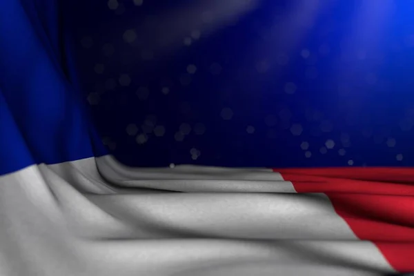 Ziemlich dunkles Bild von Frankreich Flagge flach in der Ecke liegend auf blauem Hintergrund mit Bokeh und leeren Platz für Inhalte - jede Urlaubsfahne 3D-Illustration — Stockfoto