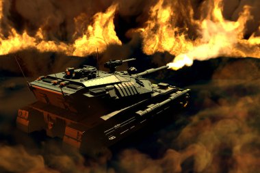 Orman kamuflaj ağır tankı. Muharebe ateşinde gerçek bir tasarım değil. Etrafta ateş ve duman var.