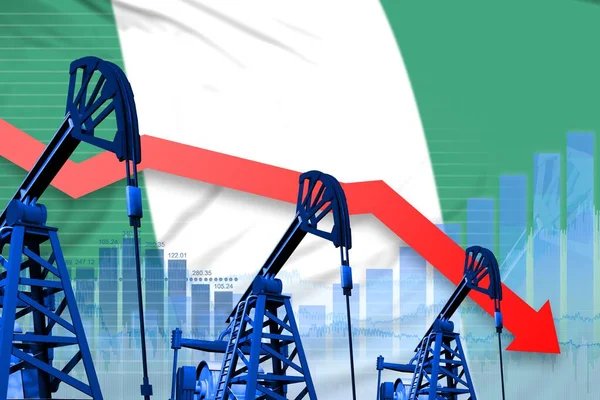 Senkung, fallende Grafik auf dem Hintergrund der nigerianischen Flagge - industrielle Illustration der nigerianischen Ölindustrie oder Marktkonzept. 3D-Illustration — Stockfoto
