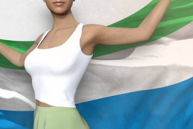 Parlak etekli güzel bir kadın beyaz arka planda elinde Sierra Leone bayrağını tutuyor.