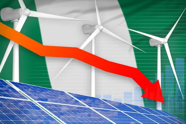 Nigeria solar and wind energy lowering chart, arrow down - alternative natural energy industrial illustration. 3D Illustration