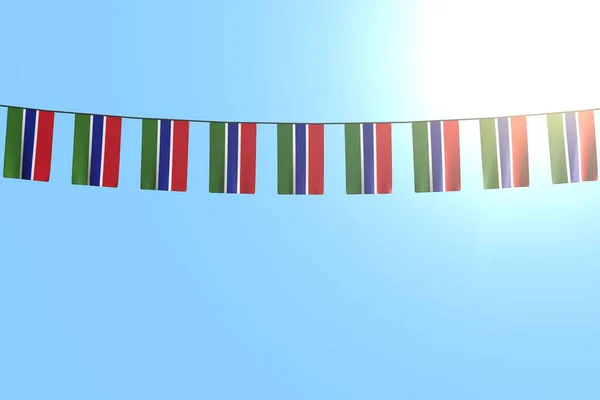 Dość wiele flagi Gambia lub banery wisi na sznurku na tle niebieskiego nieba - każda flaga uroczystości 3d ilustracja — Zdjęcie stockowe
