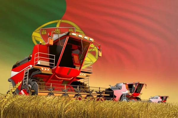 Illustration 3D industrielle de moissonneuse-batteuse agricole travaillant dans un champ agricole avec drapeau portugais, concept de production alimentaire — Photo