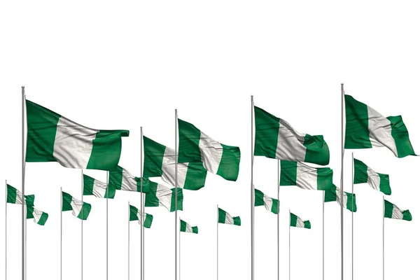 nice many Nigeria flags in a row isolated on white with free space for your text - any holiday flag 3d illustration