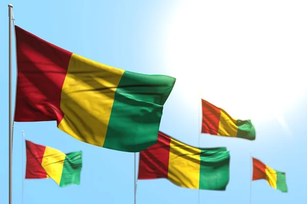 Vacker 5 flaggor Guinea är våg mot blå himmel foto med bokeh - något tillfälle flagga 3d illustration — Stockfoto
