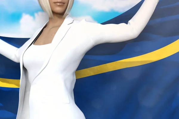 Sexy business lady prende bandeira Nauru em mãos atrás de suas costas no fundo do céu azul - conceito de bandeira ilustração 3d — Fotografia de Stock