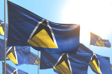 Sevimli Saint Lucia bayrakları mavi gökyüzü resmine karşı Bokeh ile dalgalanıyor - herhangi bir bayrak 3D illüstrasyon