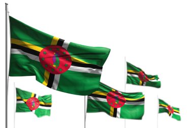 cute five flags of Dominica are wave isolated on white - image with selective focus - any celebration flag 3d illustration