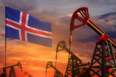 İzlanda petrol endüstrisi konsepti. Endüstriyel illüstri - İzlanda bayrağı ve kırmızı ve mavi günbatımlı petrol kuyuları veya gündoğumu gökyüzü arkaplanı - 3d illüstrasyon