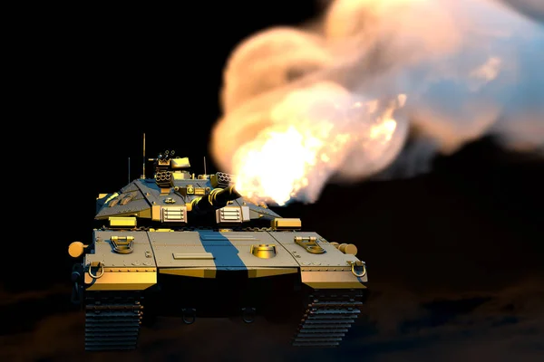 Militär 3d Illustration av isolerad grå tung tank med fiktiv design i krig, hög detalj veteraner dag koncept på svart rök bakgrund — Stockfoto