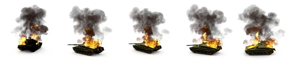 army tank with fictional design in flames knocked down in combat isolated on white, very high resolution military 3D Illustration for tank troops concept