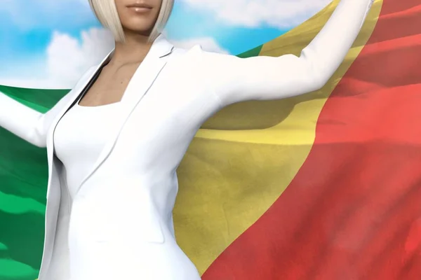 Joven dama de negocios sostiene la bandera del Congo en las manos detrás de su espalda en el fondo azul del cielo - concepto de la bandera 3d ilustración —  Fotos de Stock