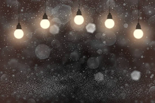 Rood schattig helder glitter lichten onscherpe bokeh abstracte achtergrond met gloeilampen en vallende sneeuw vlokken vliegen, festival mockup textuur met lege ruimte voor uw inhoud — Stockfoto