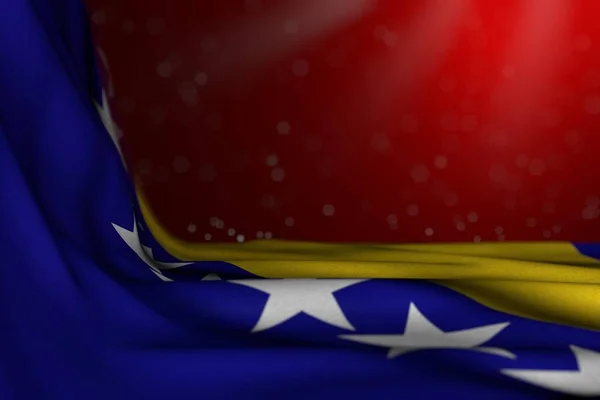 Linda ilustración oscura de la bandera de Bosnia y Herzegovina yacía en la esquina sobre fondo rojo con enfoque selectivo y espacio libre para su contenido - cualquier ilustración 3d bandera de la fiesta — Foto de Stock