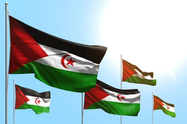 Agradável 5 bandeiras do Saara Ocidental são onda no fundo do céu azul qualquer bandeira de festa ilustração 3d — Fotografia de Stock