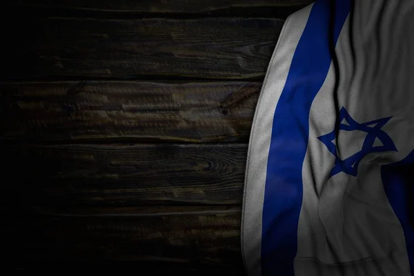 Ωραία σκούρα φωτογραφία της ισραηλινής σημαίας με μεγάλες πτυχώσεις σε παλιό ξύλο με κενό χώρο για περιεχόμενο - κάθε εορταστική σημαία 3d εικονογράφηση — Φωτογραφία Αρχείου