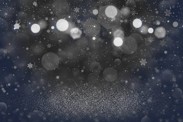 Blue beautiful sparkling glitter lights defocused bokeh abstract background with falling snow flakes fly, festive mockup texture with blank space for your content — Stock Photo, Image