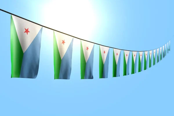 Schön viele Dschibuti-Fahnen oder Banner, die diagonal an einer Schnur auf blauem Himmelshintergrund mit selektivem Fokus hängen - jede Feier-Fahne 3D-Illustration — Stockfoto