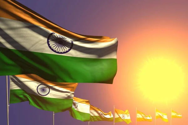 Wspaniałe wiele flagi Indii umieszczone po przekątnej na zachód słońca z miejscem na treści - dowolna flaga wakacje 3d ilustracja — Zdjęcie stockowe
