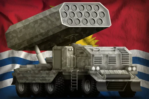 Rocket artillery, missile launcher with grey camouflage on the Kiribati national flag background. 3d Illustration — Stock Photo, Image