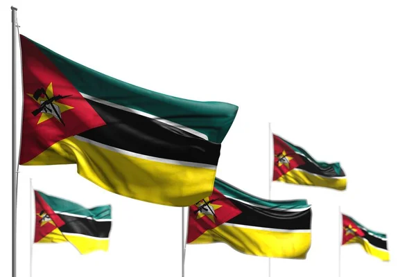 Mooie vijf vlaggen van Mozambique zijn golf geïsoleerd op wit - foto met selectieve focus - elke vakantie vlag 3d illustratie — Stockfoto