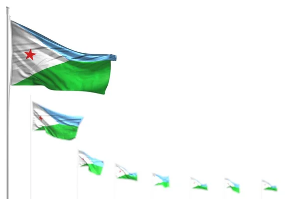 Ωραίο Τζιμπουτί μεμονωμένες σημαίες τοποθετούνται διαγώνια, εικονογράφηση με επιλεκτική εστίαση και χώρο για κείμενο - κάθε εορταστική σημαία 3d εικονογράφηση — Φωτογραφία Αρχείου