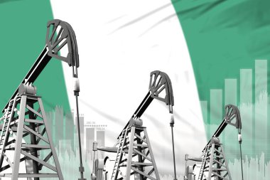 Petrol kuyularının endüstriyel çizimi - Nijerya petrol endüstrisi kavramı bayrak arka planında. 3d Görüntü