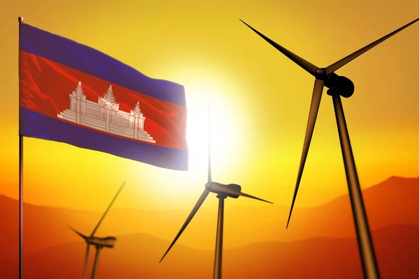 Cambodge énergie éolienne, concept d'environnement énergétique alternatif avec éoliennes et drapeau sur l'illustration industrielle coucher du soleil - énergies renouvelables alternatives, illustration 3D — Photo