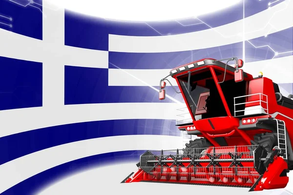 Agriculture innovation concept, red advanced rye combine harvester on Greece flag - digital industrial 3D illustration