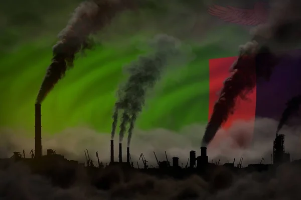 Globális felmelegedés koncepció - sűrű füst növényi kéményekből a zambiai zászló hátterében, helyet adva az Ön szövegének - ipari 3D illusztráció — Stock Fotó