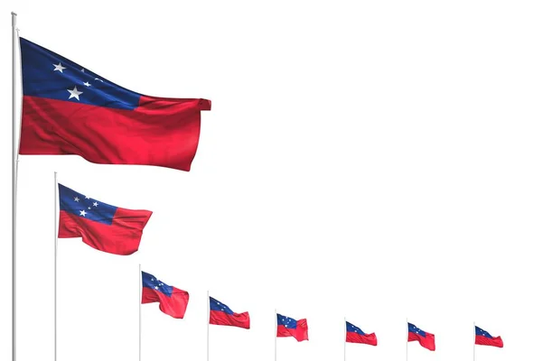 Meravigliose molte bandiere Samoa poste in diagonale isolate sul bianco con spazio per il contenuto - qualsiasi occasione bandiera 3d illustrazione — Foto Stock