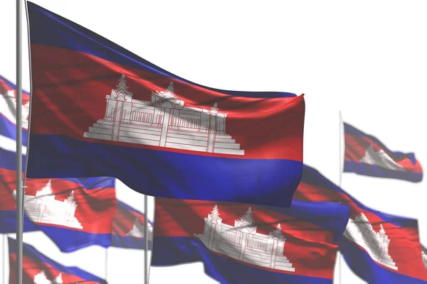 Merveilleux de nombreux drapeaux du Cambodge sont vagues isolées sur blanc - image avec mise au point douce - tout drapeau de fête illustration 3D — Photo